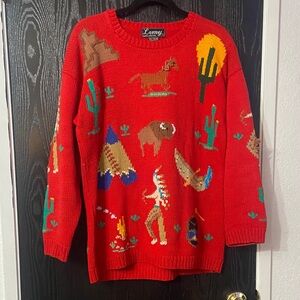 Vintage Lumy Red Southwestern Theme Knit Sweater Size Large Hand Knitted In Peru